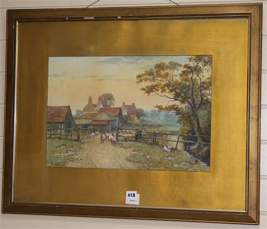 H. Hill, watercolour, sheep farm 33 x 50cm.